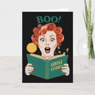 Tarjeta Festiva Boo de Halloween y gato negro de "Book Lover"
