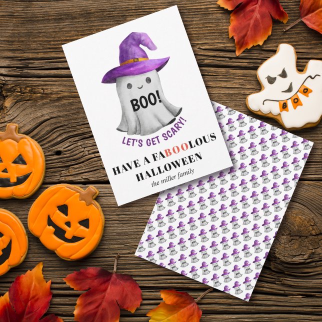 Tarjeta Festiva ¡Boo! Fantasma lindo con gorra púrpura Halloween (Subido por el creador)