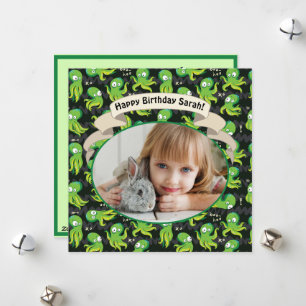 Tarjeta Festiva Boo Octopus Green Cute Kids Invito Fiesta de cumpl