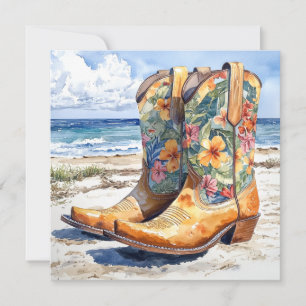 Tarjeta Festiva Boots de vaca tropical hawaiana en la playa en bla