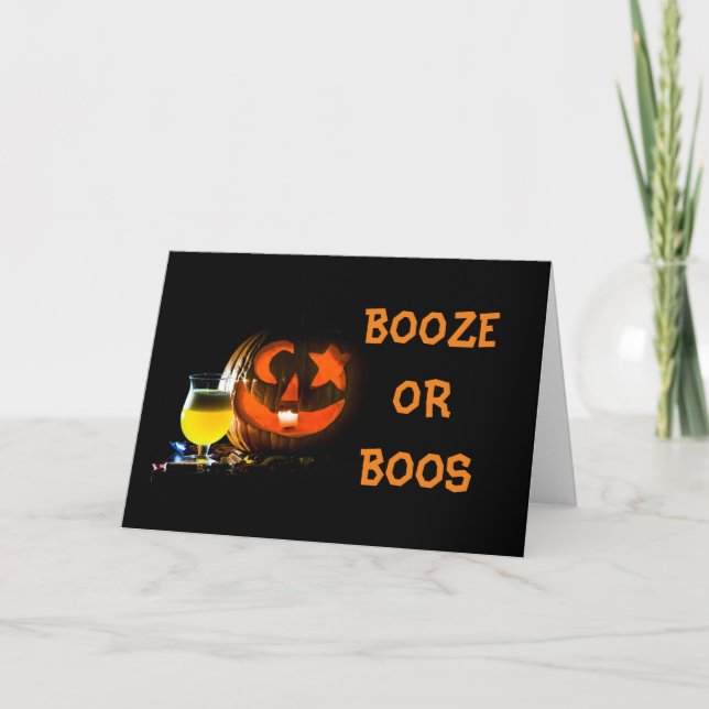 TARJETA FESTIVA **BOOZE O BOOS** PRIMERO PARA NOSOTROS EN HALLOWEE (Anverso)