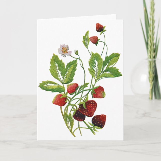 Tarjeta Festiva Bordados de fresas frescas de primavera (Anverso)