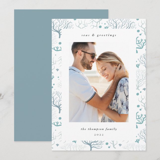 Tarjeta Festiva Borde coral oceánico | Foto vertical (Anverso / Reverso)