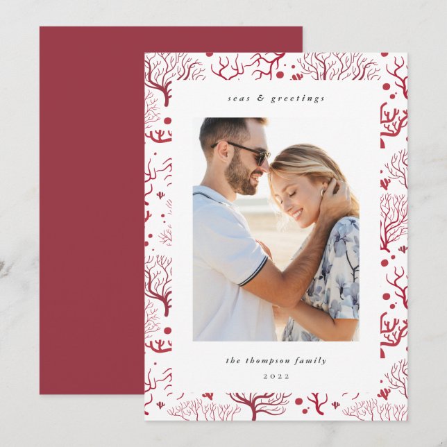 Tarjeta Festiva Borde coral oceánico | Foto vertical (Anverso / Reverso)