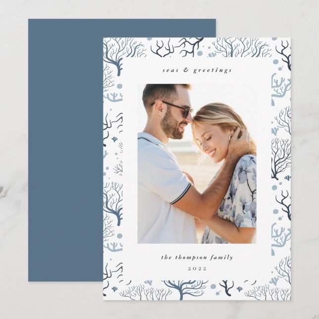 Tarjeta Festiva Borde coral oceánico | Foto vertical (Anverso / Reverso)