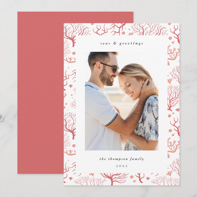 Tarjeta Festiva Borde coral oceánico | Foto vertical (Anverso / Reverso)