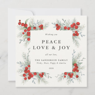 Tarjeta Festiva Borde de bayas rojas cuadradas Paz Amor + Alegría