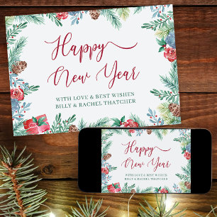 Tarjeta Festiva Borde de Follaje de Invierno y Piñas para el Año N