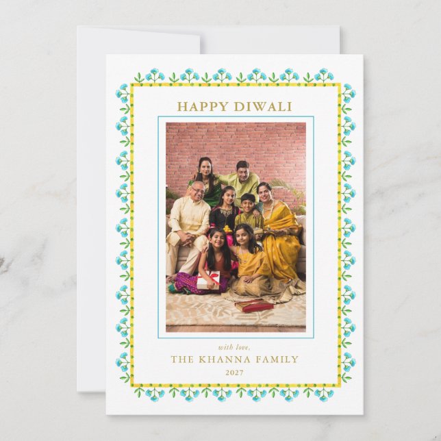 Tarjeta Festiva Borde floral acuarela Foto Diwali Saludo (Anverso)