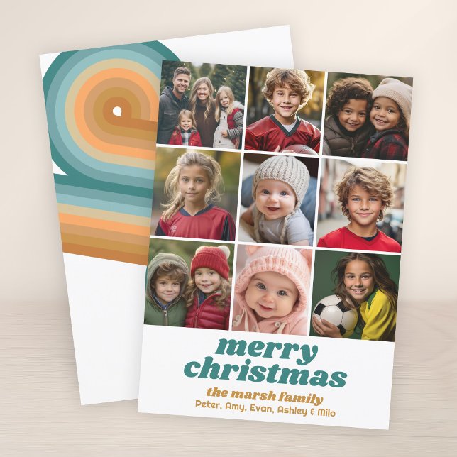 Tarjeta Festiva Borde fotográfico de 9 - Merry Christmas Retro Lin (Retro Stripe Pattern with 9 Photos - Holiday Christmas Card with 70s vibe - Print or Download)