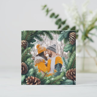 Tarjeta Festiva Borde fotográfico Evergreen con pinecone para Navi