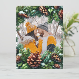 Tarjeta Festiva Borde fotográfico Evergreen con pinecone para Navi