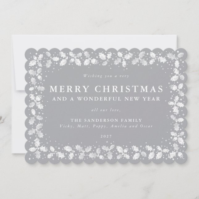 Tarjeta Festiva Borde plano de hojas de acebo grises no fotográfic (Anverso)