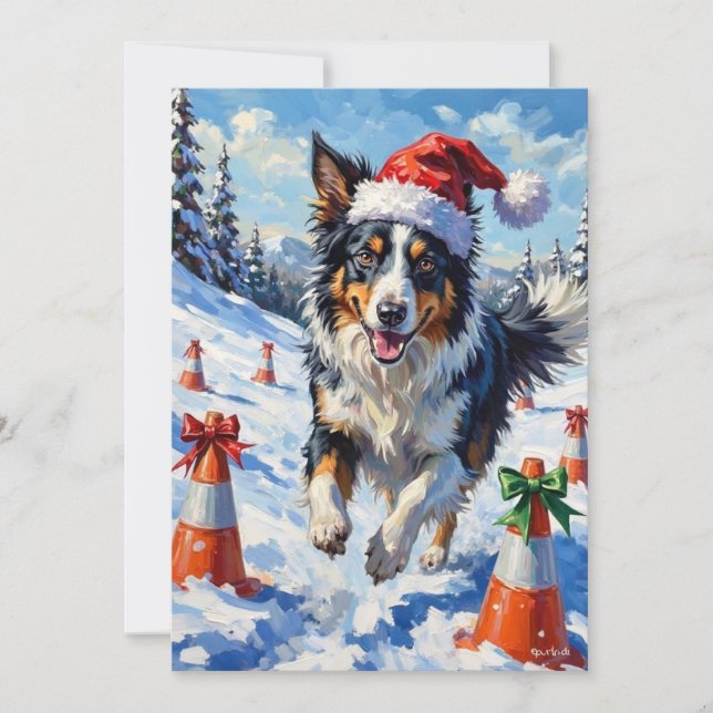 Tarjeta Festiva Border Collie Dog Christmas Snow Agility Fun (Anverso)