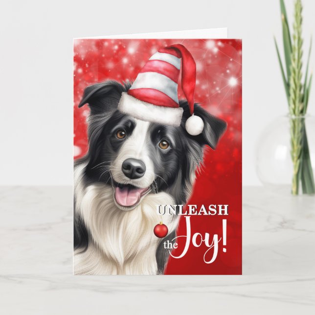 Tarjeta Festiva Border Collie Dog Unleash the Joy Christmas (Anverso)