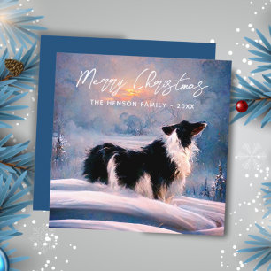Tarjeta Festiva Border Collie en el paisaje nevado de invierno Nav