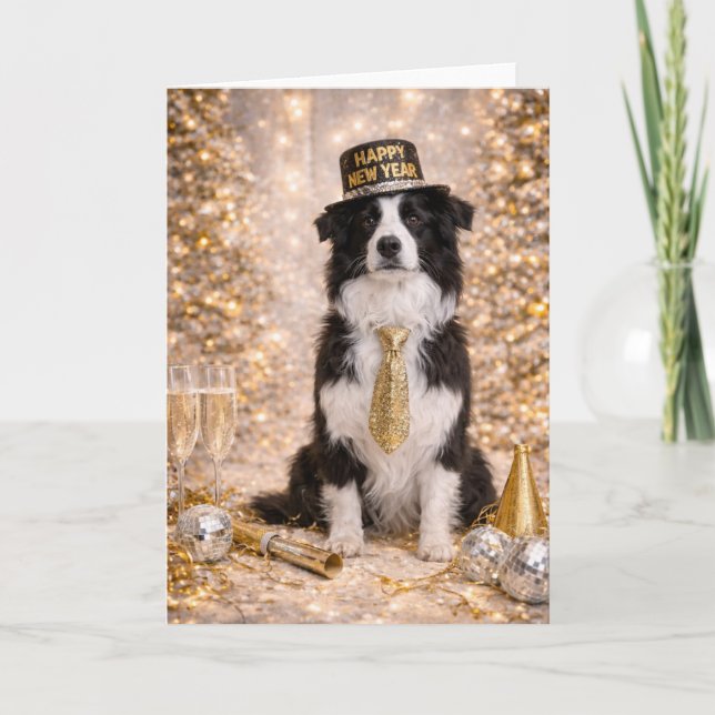 Tarjeta Festiva Border Collie New Year Card – Happy New Year Dog (Anverso)