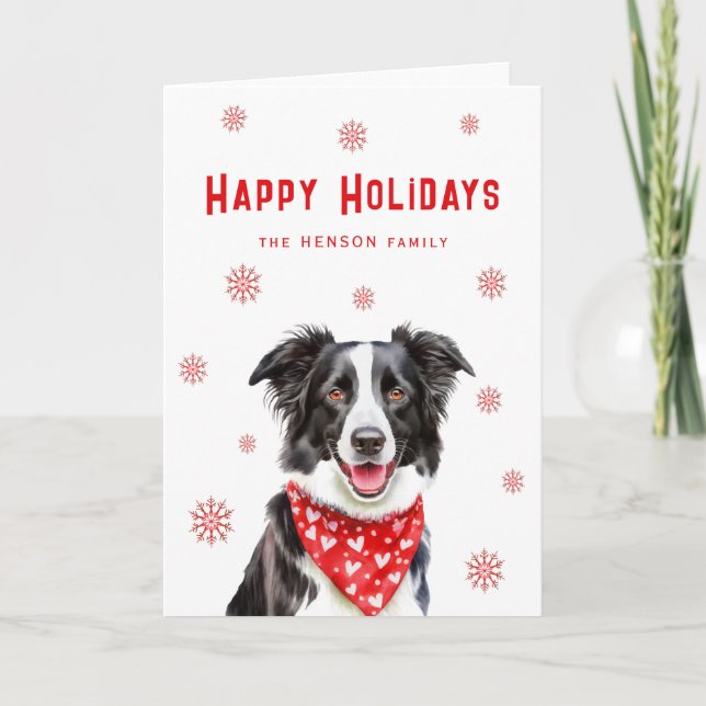 Tarjeta Festiva Border Collie Red Heart Bandana Christmas  (Anverso)