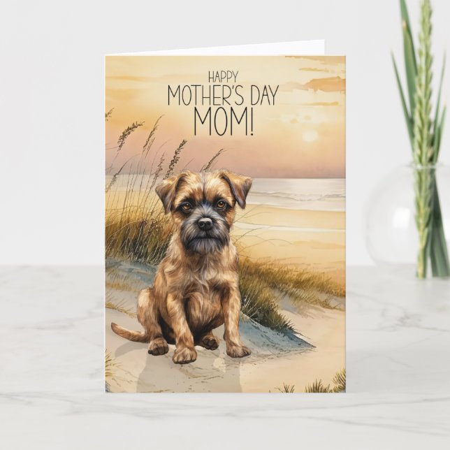 Tarjeta Festiva Border Terrier Dog Sunset Beach Mother's Day (Anverso)