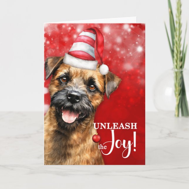 Tarjeta Festiva Border Terrier Dog Unleash the Joy Christmas (Anverso)