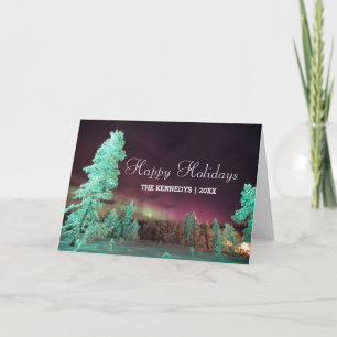 Tarjeta Festiva Borealis de la aurora - árboles de la verde lima