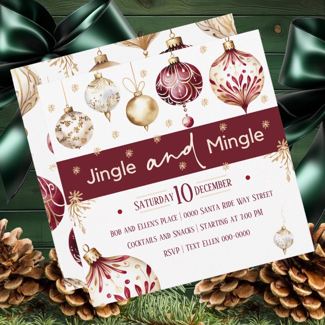 Tarjeta Festiva Borgoña e Ivory Jingle y Mingle Fiesta (Bold burgundy baubles adorn this Jingle and Mingle holiday party invite )
