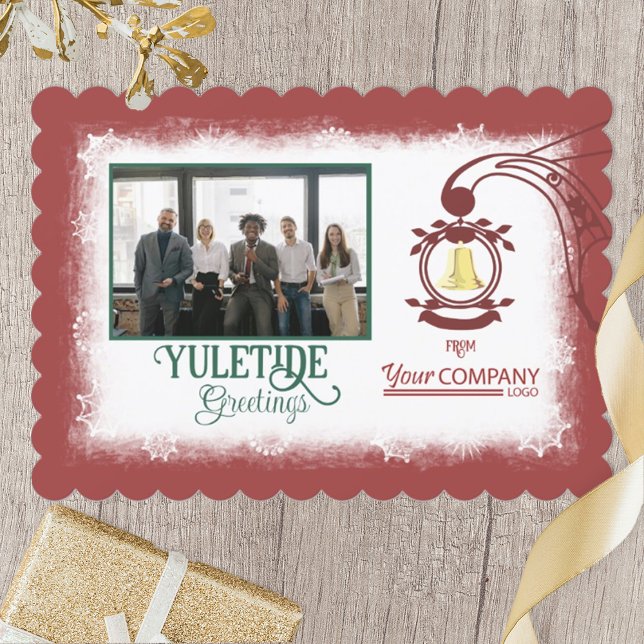 Tarjeta Festiva Borgoña, verde forestal, Navidades de la Campana d (burgundy red company holiday greetings card, red business logo, elegant green script, gold bell)