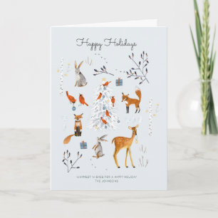 Tarjeta Festiva Bosque azul claro Árbol y animales Bosque