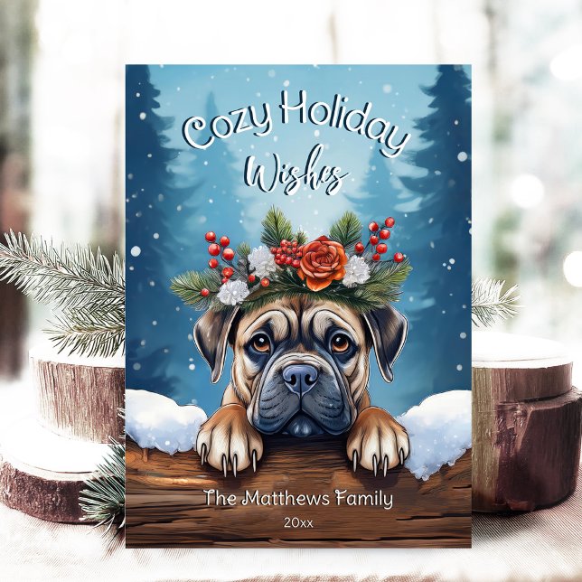 Tarjeta Festiva Bosque de bosques nevados Peeking Bullmastiff Joll (Adorable Winter Snowy Scene With Peeking Dogs or Farm/Woodland Animals - Over 50 to Choose From!)