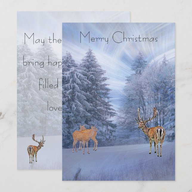 Tarjeta Festiva Bosque de invierno mágico con ciervos, navidades (Anverso / Reverso)