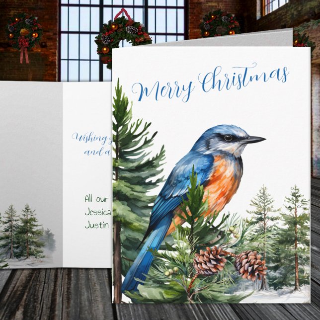 Tarjeta Festiva Bosque de Pinos de Pino del Este de Woodland (Winter Woodland Eastern Bluebird Pine Tree Forest Holiday Card)