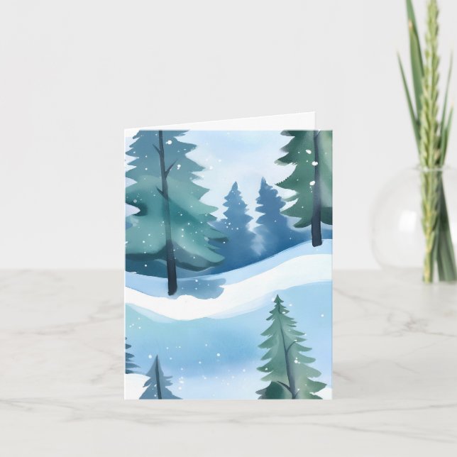 Tarjeta Festiva Bosque de Pinos Nevado | Acuarela de Invierno (Anverso)