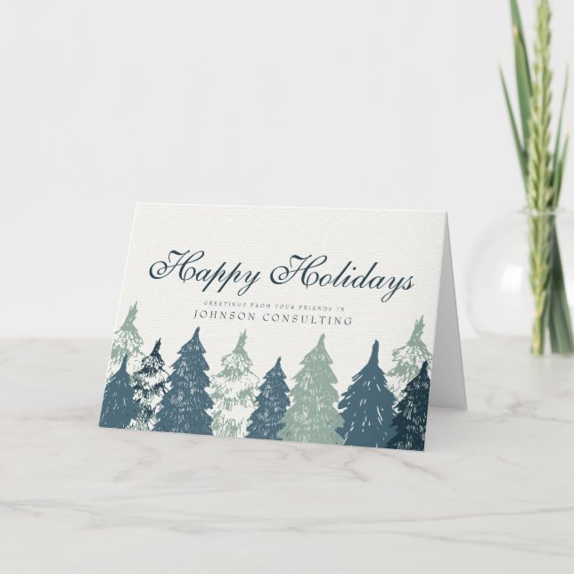 Tarjeta Festiva Bosque de pinos verdes | Saludos navideños (Anverso)