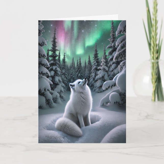 Tarjeta Festiva Bosque de Wintery de la Fox Ártica Aurora Boreal (Anverso)