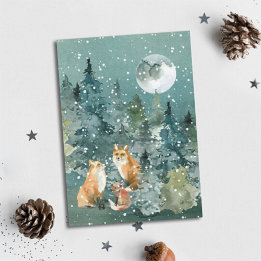 Tarjeta Festiva Bosque familiar de zorros bajo la luna llena Nieve