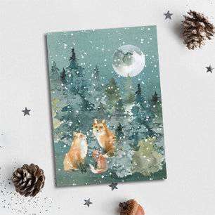 Tarjeta Festiva Bosque familiar de zorros bajo la luna llena Nieve
