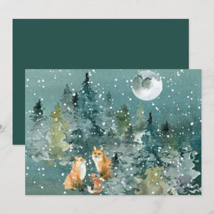 Tarjeta Festiva Bosque familiar de zorros bajo la luna llena Nieve