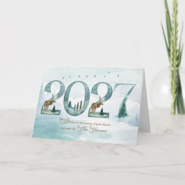 Tarjeta Festiva Bosque forestal de año nuevo 2027 con ciervos y pi