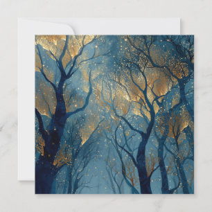 Tarjeta Festiva Bosque Invernal Encantado con Árboles Dorados Bril