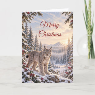 Tarjeta Festiva Bosque Invernal Lince de Canadá Fauna Navideña