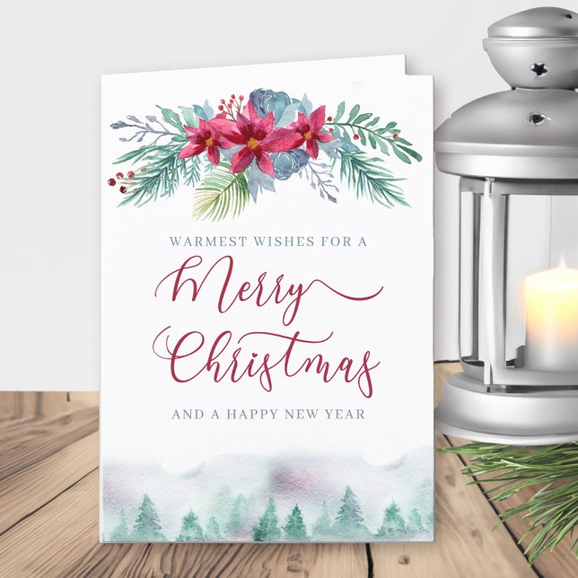Tarjeta Festiva Bosque invernal y Navidades Poinsettia Garland (Merry Christmas and Happy New Year card with poinsettia and winter forest)