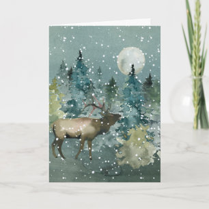 Tarjeta Festiva Bosque Majestuoso de Alces Luna Llena Nevada Acuar