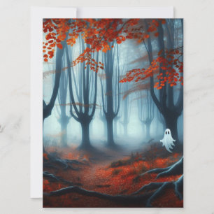 Tarjeta Festiva Bosque otoñal espeluznante con un fantasma