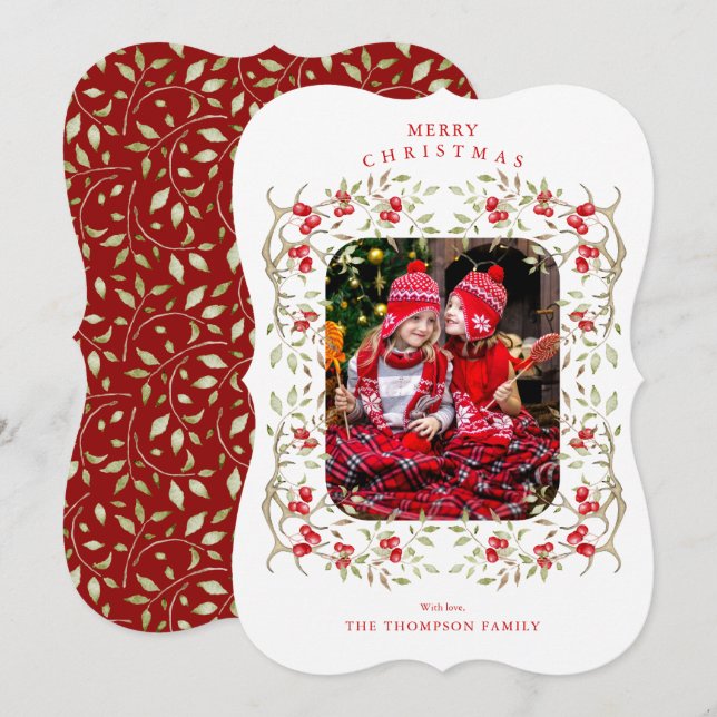 Tarjeta Festiva Bosque Rústico | Foto de Antler and Berry Wreath (Anverso / Reverso)