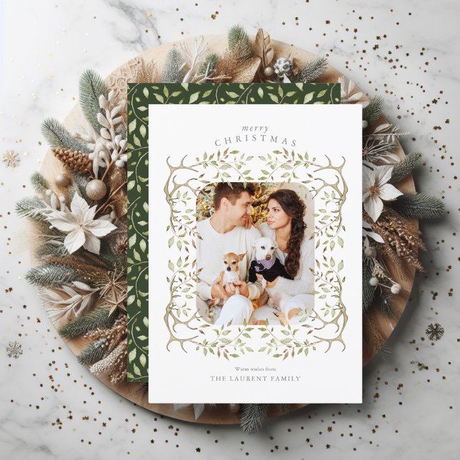 Tarjeta Festiva Bosque Rústico | Foto de Antler Wreath (Celebrate the holiday season by sending out this rustic woodland wreath photo card to family/friends)