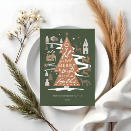 Tarjeta Festiva Bosques de árboles de Navidad, animales y un puebl