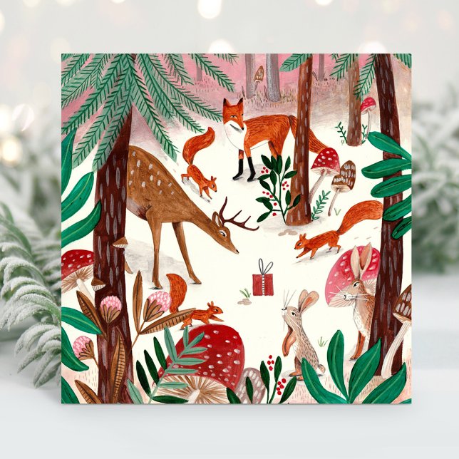 Tarjeta Festiva Bosques de bosques de tierras ricas verdes y rosas (Cute Woodland green & pink woodland animals Forest Holiday Card)
