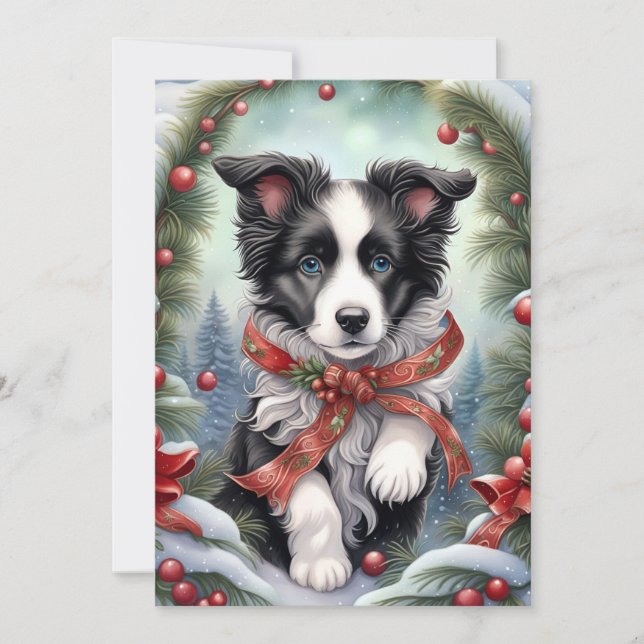 Tarjeta Festiva Bosques de Invierno de Cinta Collie Puppy Border (Anverso)