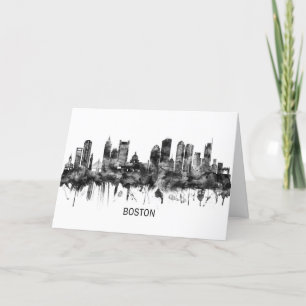 Tarjeta Festiva Boston Massachusetts Skyline BW