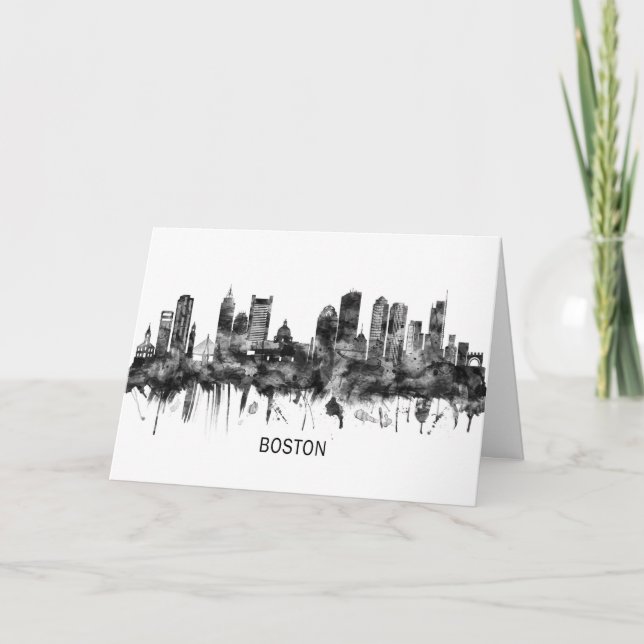 Tarjeta Festiva Boston Massachusetts Skyline BW (Anverso)